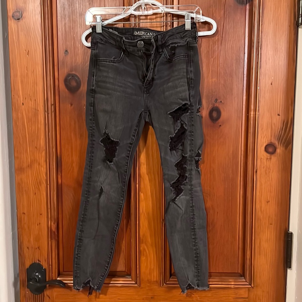 Ripped, skinny, super stretch, ankle hi-waisted black jeggings